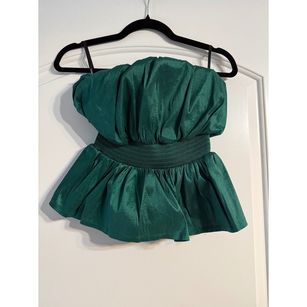 Majorelle Strapless Peplum Top XS Emerald Green Bubble Smocked Satin Glam